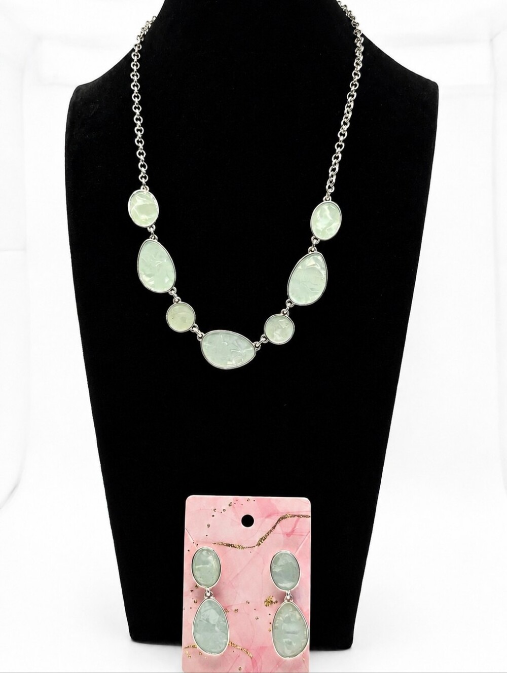 Mint Green Statement Necklace & Earrings Set Silver Tone EUC Boho